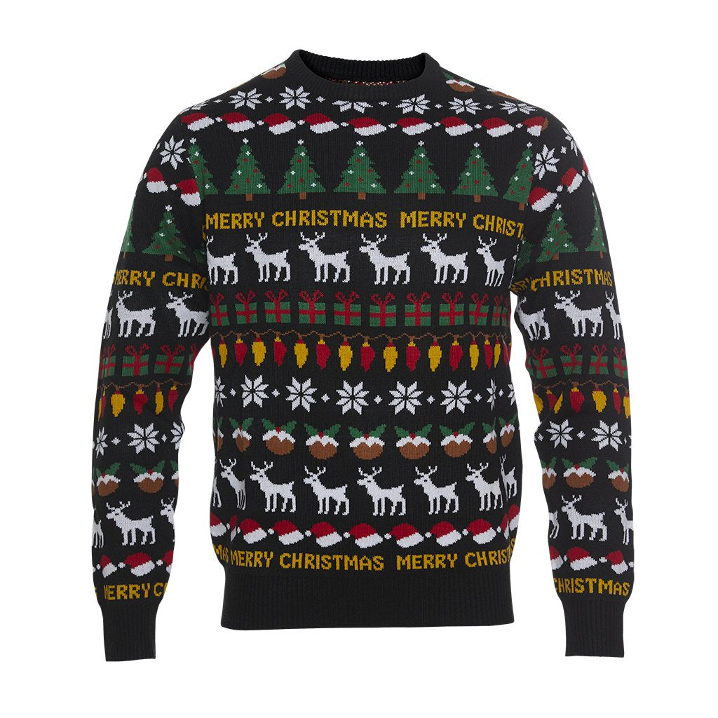 Svart jultröja med tomteluvor, julklappar, snöflingor och julgranar.